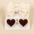 Close-up of beige knitted bow headband and white heart-shaped sunglasses set on card - Paper Card 2pcs Set / Beige