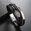 Bracciale multistrato da uomo in pelle nera con ciondolo musicale e chiusura magnetica - Nero