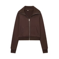 Detailed macro shot of the ribbed collar and metallic zipper on this brown fleece jacket - Coffee Top