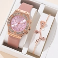 Elegant roségoud horloge met roze lederen band, diamantbezel en bloemvormige armband-set - Roze + Armband