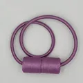 Pair of purple magnetic curtain tiebacks with woven silk texture and cylindrical metal clips - Purple