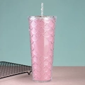 Pink mermaid scale glitter water bottle with straw and double-wall plastic insulation - 24oz / Aurora Pink
