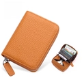 Brown litchi grain genuine leather RFID card holder with accordion design and zipper - JP-6003 Style / Caramel color