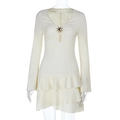 Detail of white hollow-out dress featuring gold sunburst metal buckle and V-neckline - S / Beige