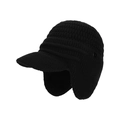 Black knit winter baseball cap with ear flaps and visor for outdoor wind protection - Black