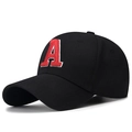 Black baseball cap with embroidered letter A in red and white 45-degree side view - Center Embroidered A All Black