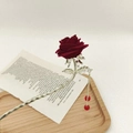 Elegant silver hair pin featuring a deep red velvet rose with delicate tassel and beads - F0866 Rose Tassel