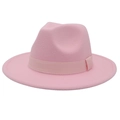 Unisex pink wool felt fedora hat with wide brim and square ribbon band for winter. - Pink