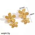 Textured gold flower earrings in stainless steel with 25.7mm by 40mm dimensions - Gold 3D Double Flower Drop Earrings (TE60338) / Gold