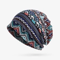 Ethnic bohemian geometric print beanie hat with warm fleece lining in vibrant blue and red - Blue Diamond Stripe