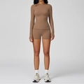 Conjunto de yoga marrón para mujer con camiseta de manga larga y pantalones cortos de deporte - S / Moka Marrón-Manga Larga+Shorts