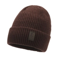 Bonnet en maille épaisse marron foncé avec écusson en cuir pour la chaleur hivernale - Taille unique / Café