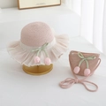 Detail of pink girls' straw hat and bag set with mesh ruffles and tulip pendants - Tulip Pink Style (Set)