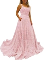 Pink sequin A-line prom dress with thin straps and side pockets on white background - US size 2 (S) / Bottoms / Pink