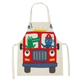 Close-up of beige linen child apron with red fire truck cartoon print and neck strap - 47x38cm(Kids) / W-1372 Fire Truck