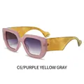 Fashionable oversized square sunglasses with purple and yellow two-tone frame and gray lenses - Pink Frame Yellow Temple Gradient Grey Lens