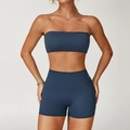 Matte blue bandeau sports bra and high-waisted shorts set for yoga and fitness - S / Emblem Blue (Shorts Set)