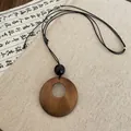 Collier bohème avec pendentif anneau en bois marron foncé et cordon noir ajustable - 9# Collier avec cordon de serrage et perle ronde en bois