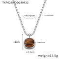 British style titanium steel necklace featuring a square tiger's eye stone pendant - Steel Color Tiger's Eye Necklace (TXP028)