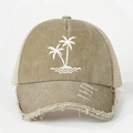Distressed khaki trucker hat with palm tree embroidery and frayed brim for beach style - Khaki