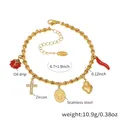 Details des Bambusketten-Armbands mit Anhängern wie Marienkäfer und Zirkon-Kreuz - Gold DIY Charm-Armband (Marienkäfer/Kreuz/Jungfrau Maria/Herz/Chili)
