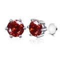 Classic silver six-prong stud earrings with vibrant 1 carat round red zircon stones - Pigeon Blood Red 100-Cut (Magnetic)