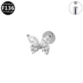 Polished silver F136 titanium butterfly stud earring with clear zirconia stones - White Zirconia / Silver Butterfly