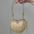 Sparkling heart-shaped clutch bag with silver rhinestones and a gold metal handle - Gold Heart Bag with Small Crystals
