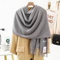 Thick grey cashmere scarf with tassels styled on a yellow coat for winter warmth - Thickened 300g Tassel Shawl / 200x70cm / Light Gray