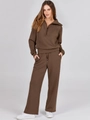 Detail of a brown two-piece lounge set with a quarter-zip sweatshirt and wide-leg pants - Dark Brown
