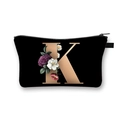 Black polyester pouch with golden letter K and floral print for makeup storage - Letter K