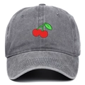 Close-up of cherry embroidery on vintage washed dark gray cotton baseball cap - Gray