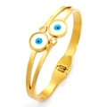 Golden double-circle evil eye stainless steel spring open bangle with blue enamel and zircon - Gold