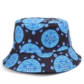 Dettaglio della stampa evil eye e mandala su un cappello a secchiello double-face in cotone - Stile B - Nero