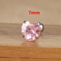 Detailed view of 7mm pink heart-shaped zircon stud earring with polished silver titanium finish - 7mm Silver Tone Pink Style (E1611)