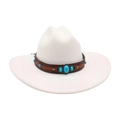 White felt cowboy hat featuring a brown leather band with turquoise stone accents - One Size / White