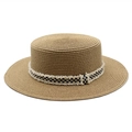 Detail of light brown straw hat featuring a black and white checkered band with frayed edges - M (56-58cm) / Khaki