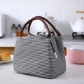Striped insulated lunch bag in grey and white with brown handles for daily picnic - Black