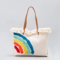 Beige canvas tote bag featuring rainbow tufting and elegant brown faux leather handles - Rainbow