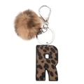 Brown leopard print letter R leather keychain with a matching soft fluffy pompom charm - Leopard Letter R