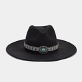 Detail of black wide brim fedora with ethnic woven band and turquoise silver buckle - Turquoise Metal Oval Buckle Woven Strap (Color #11)