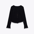 Women's V-neck black knit cardigan with white ruffled edges and metallic buttons - S / Black