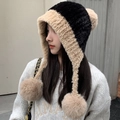 Winter plush bear hood hat in black and beige contrast with fluffy decorative pom-poms - Three Pom-Pom Plush Style (Black) / Color Block