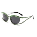 Y2K Cat Eye Sunglasses with silver rhinestone-encrusted hollow frame and grey lenses - Green Frame Grey Lens