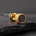 Men's gold steel stud earrings with black inlay and Greek pattern, 0.74cm size - 0.74cm Round Black Greek Pattern Style (S183)