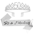 50th birthday set with silver rhinestone crown and 50 & Fabulous sash with pearl pin - 50 Years Old Silver (Tiara And Silver Sash And Pin)