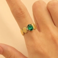 Vintage stainless steel ring with green oval stone and golden bead textured details - 59 18k Pure Gold S622