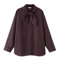 Deep red long-sleeved poplin shirt with bow neck tie and button-down front closure - XS / Chestnut