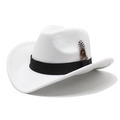 Chapeau de cowboy blanc classique en feutre de laine avec ruban noir et détail de plume - M (56-58cm) / Blanc