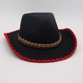 Black western cowboy felt hat with red crochet edge and brown beaded leather band - Black Red Edge With Brown Wood Beads